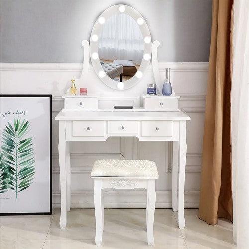 Makeup Vanity Set, Dressing Table with Cushioned Stool, 360-Degree Rotating Mirror w/ LED Lights, 2 Storage Boxes, 3 Drawers (White)_MSW - Toytexx Makeup Vanity Set, Dressing Table with Cushioned Stool, 360-Degree Rotating Mirror w/ LED Lights, 2 Storage Boxes, 3 Drawers (White)_MSW - Toytexx
